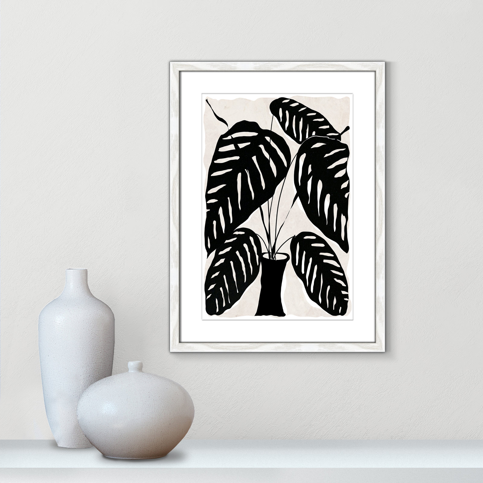 Black And White Potted Plant I by Daniela Santiago, 23" H x 17" W x 0.75" D, White Framed