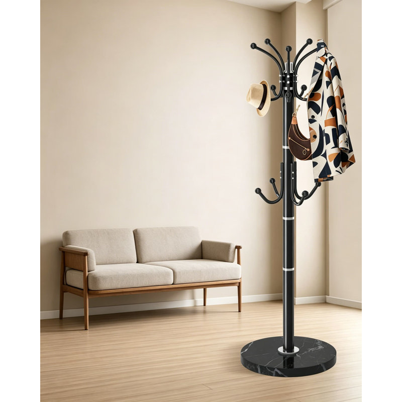 360 Degree Rotating Coat Rack Stand, Freestanding Metal Coat Rack with 14 Hooks and Natural Marble Base, Heavy Duty Coat Tree for Office, Entryway, Hallway, and Bedroom, Black