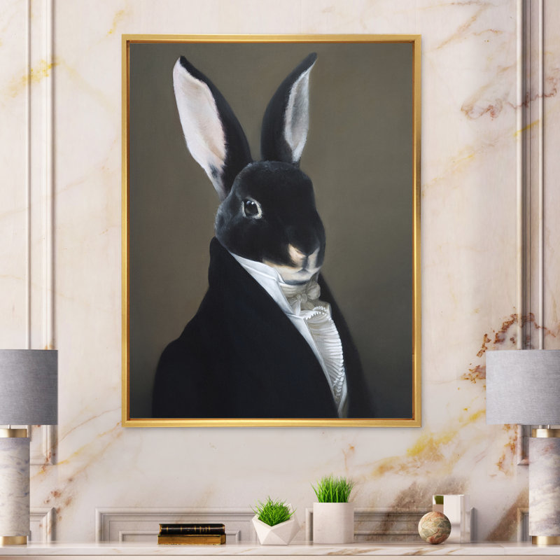 Portrait d'un lapin habillé - Peinture sur toile, Cadre flottant doré, H 44 po x l 34 po x P 1,5 po
