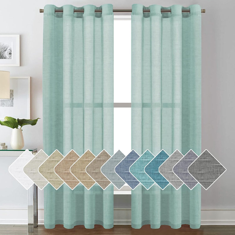 Linen Blend Sheer Curtain Pair, 52" W x 84" L, Sea Mist