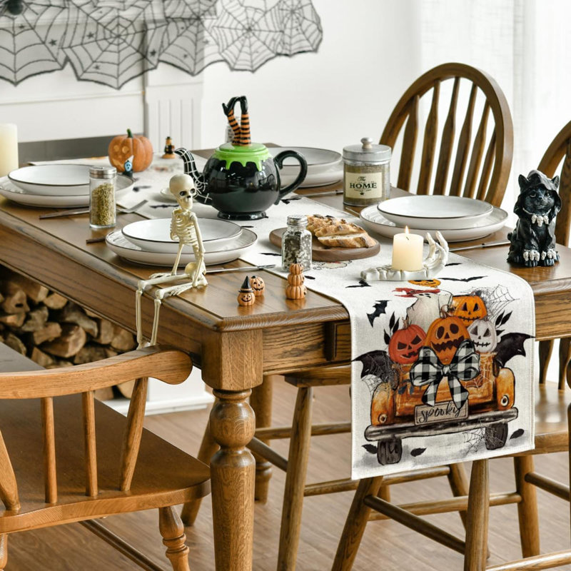 Pumpkins Ghost Spooky Orange Truck Halloween Table Runner, Kitchen Dining Table Decoration For Home Party Decor