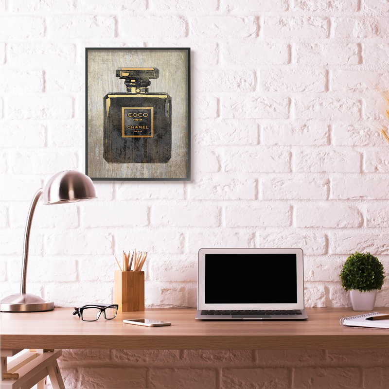 " Fashion Designer Perfume Black Gold Textured Watercolor ", 30" H x 24" W, Midnight Black Framed Giclee
