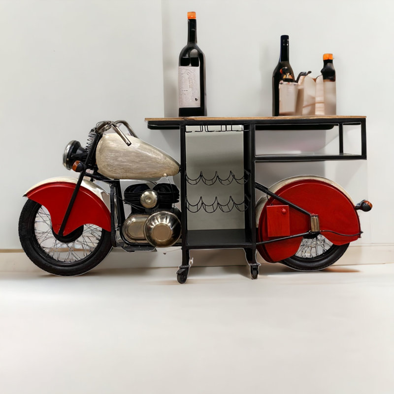 Wolking Red and Black Metal And Wood Rolling Glider Bike Bar Cart With Wine Storage