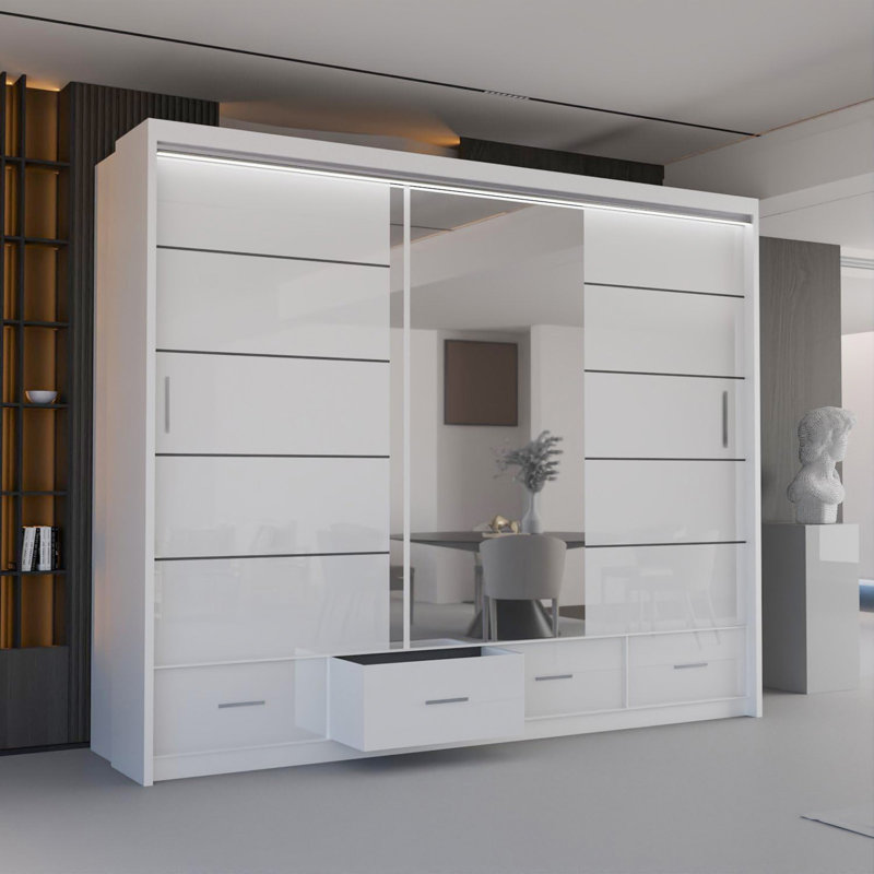Bahos 3 Door Manufactured Wood Wardrobe, White, 220cm H x 255cm W x 66cm D