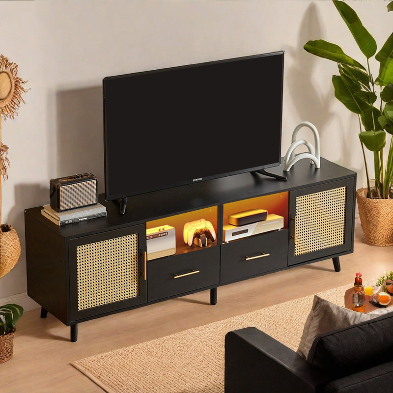 Black Wood and Rattan TV Stand with RGB Lights