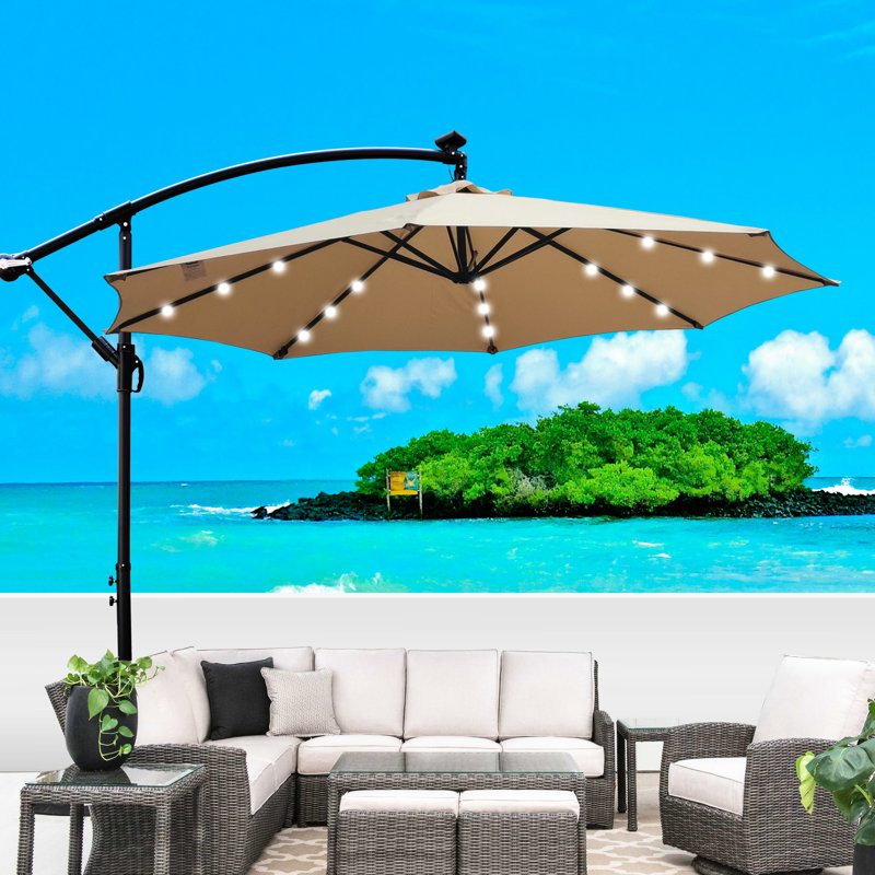 Parasol de patio à DEL solaire brun clair 10 pi - tissu respirant, 8 nervures, manivelle pour éclairage extérieur de la piscine