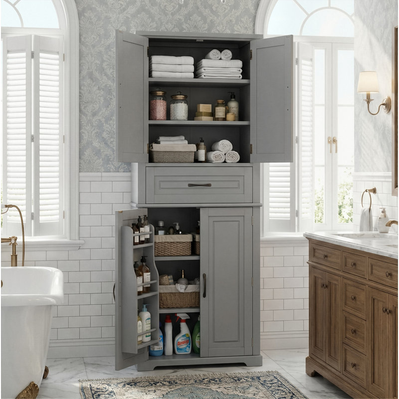 72" Tall Bathroom Storage Cabinet With Door Racks, Freestanding Linen Tower With Drawer & Adjustable Shelves, Gris