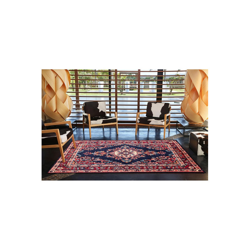 Tapis bleu lavable décoratif à base géométrique tissé traditionnel, Sous-tapis carré 3 pi 3 po inclus