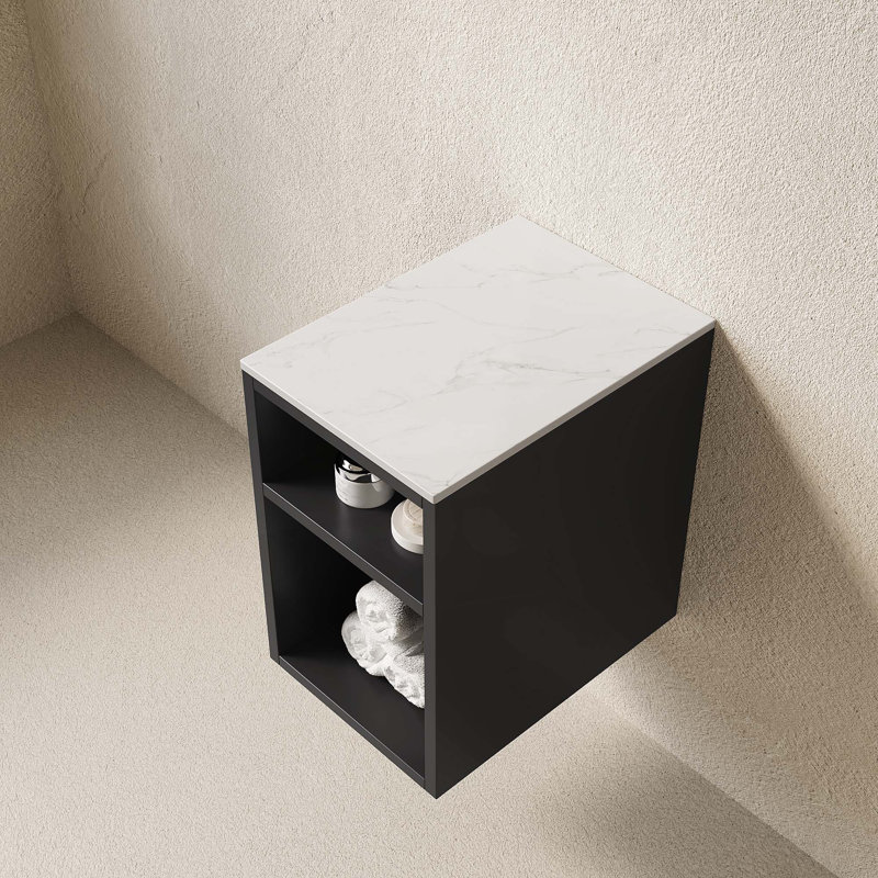 12-Inch Bathroom Wall Mounted Narrow Storage Cabinet With 2 Open Shelves And Carrara White Countertop