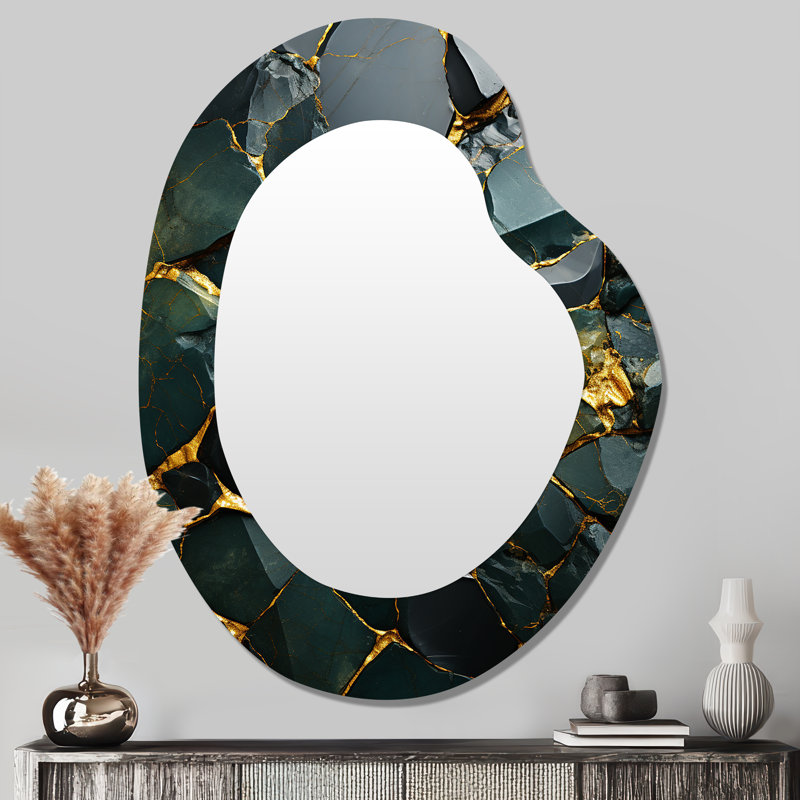 Lavenia Green and gold Abstract marble stone melodies I - Marble Asymmetrical Large Mirror, Modern Irregular Shape Decorative Wall Mirror, Printed Metal Art