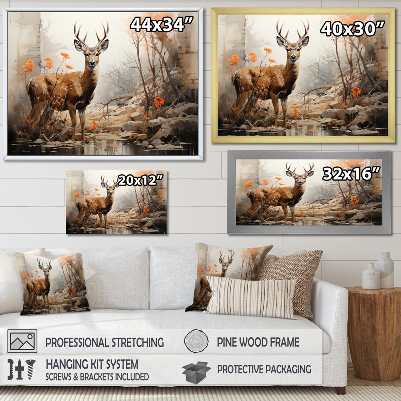 Cerf, élégance rustique - imprimé, H 34 po x l 44 po x P 1,5 po, Cadre flottant doré