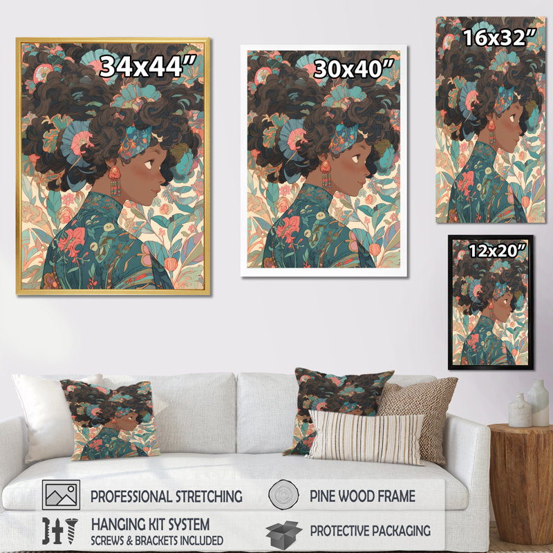 Fille afro-américaine en mode rétro, H 40 po x l 30 po x P 1,5 po, Cadre photo argenté