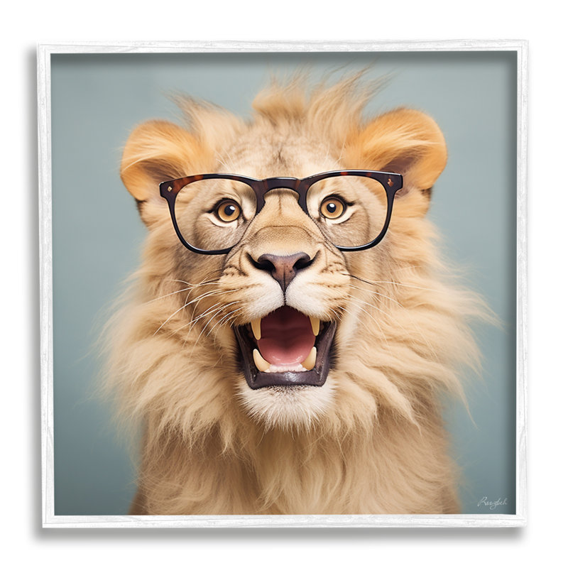 Lion rugissant à lunettes sur bois, H 12 po x l 12 po x P 1,5 po, Giclée encadrée blanc bord de mer