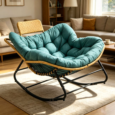 Fauteuil à bascule Papasan surdimensionné avec coussin épais, rotin tressé à la main et appui-tête pour une utilisation intérieure et extérieure