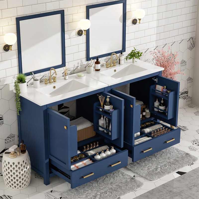 Ensemble de meuble-lavabo 60 po avec lavabos doubles, lavabos en céramique, tablettes de rangement et tiroirs divisés pour salle de bain moderne