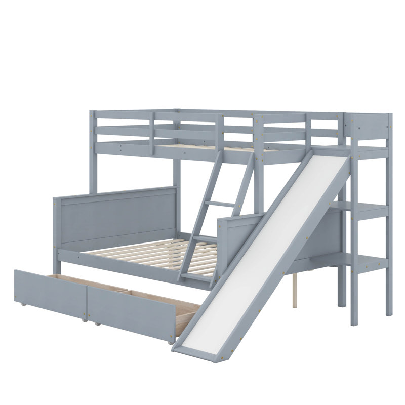 Lit simple superposé au dessus d'un lit double avec 2 tiroirs, glissoire, tablettes et échelle, Gris