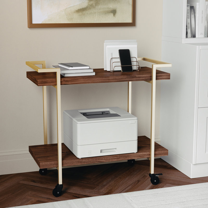 Walnut and Brass 2-Tier Mobile Office Printer Cart with Side Storage