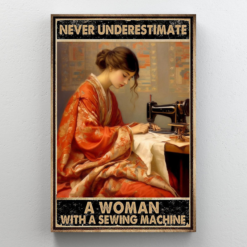 Une femme avec une machine à coudre sur toile, impression, H 36 po x l 24 po x P 1,25 po