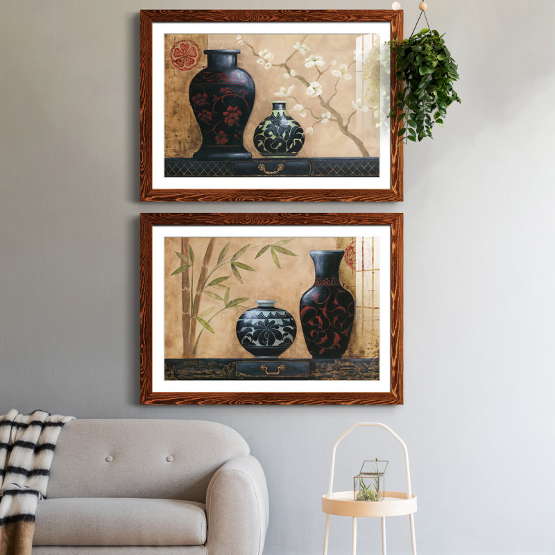 Asian Calm I - ensemble de 2 peintures encadrées, H 37,5 po x l 55 po x P 1,5 po, Papier avec cadre érable
