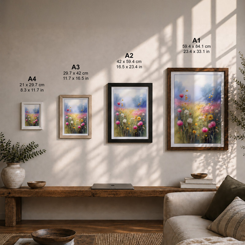 Wildflower Meadow in Mist Botanical - Framed Print, A2 - 59.4 x 42.0 cm, Walnut