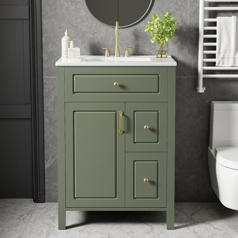 Meuble-lavabo vert 24 po avec lavabo en céramique, porte et tiroirs à fermeture en douceur, supports de rangement doubles