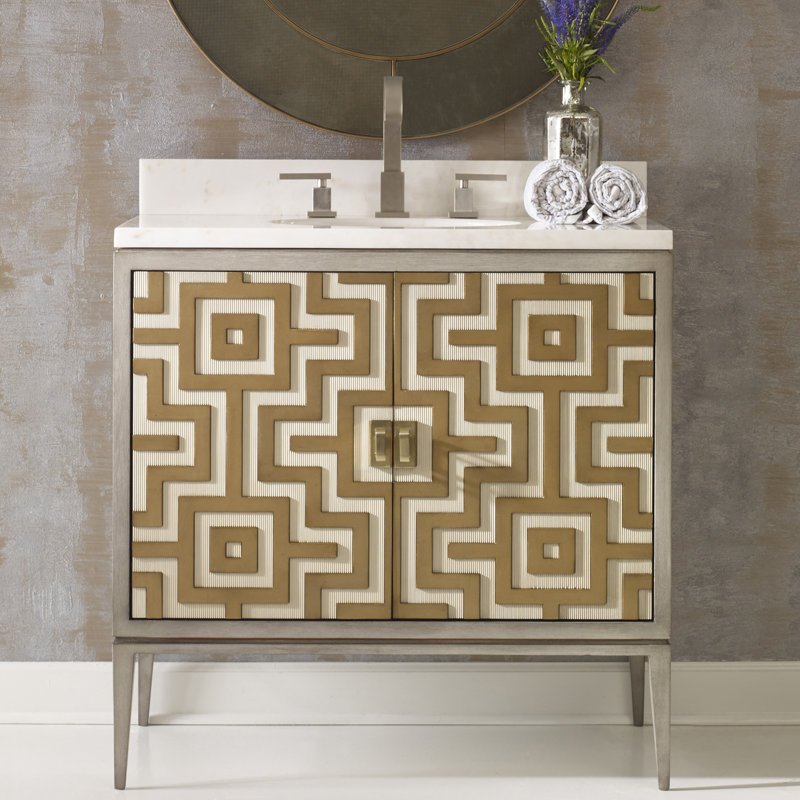 Labyrinth 36'' Gold and Gray Mahogany Bathroom Vanity with Marble Top