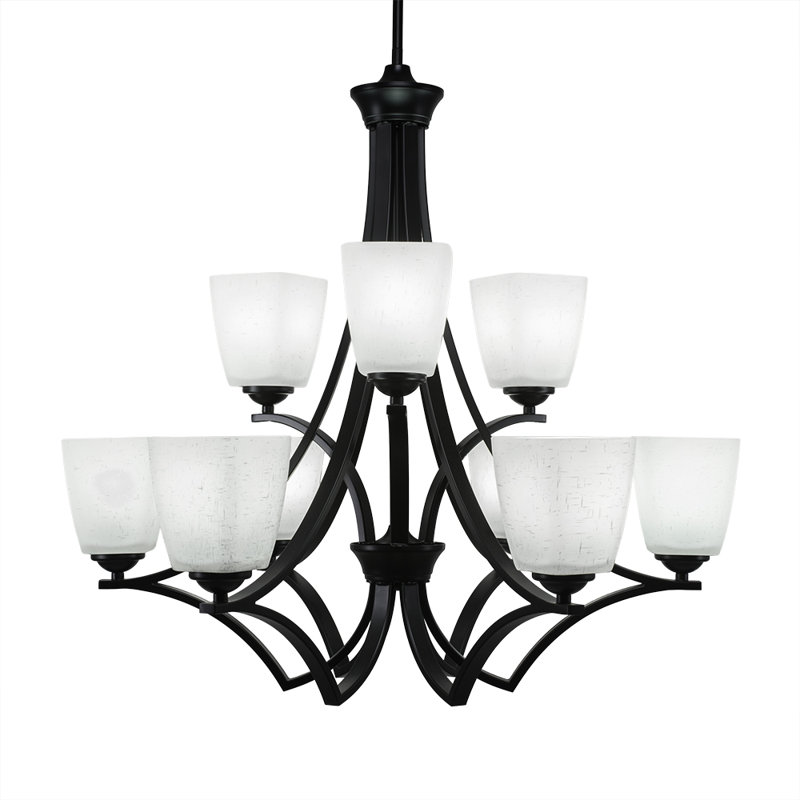 Zilo 9 Light Uplight Chandelier Shown In Dark Granite Finish With 4.5" Square White Muslin Glass, Matte Black