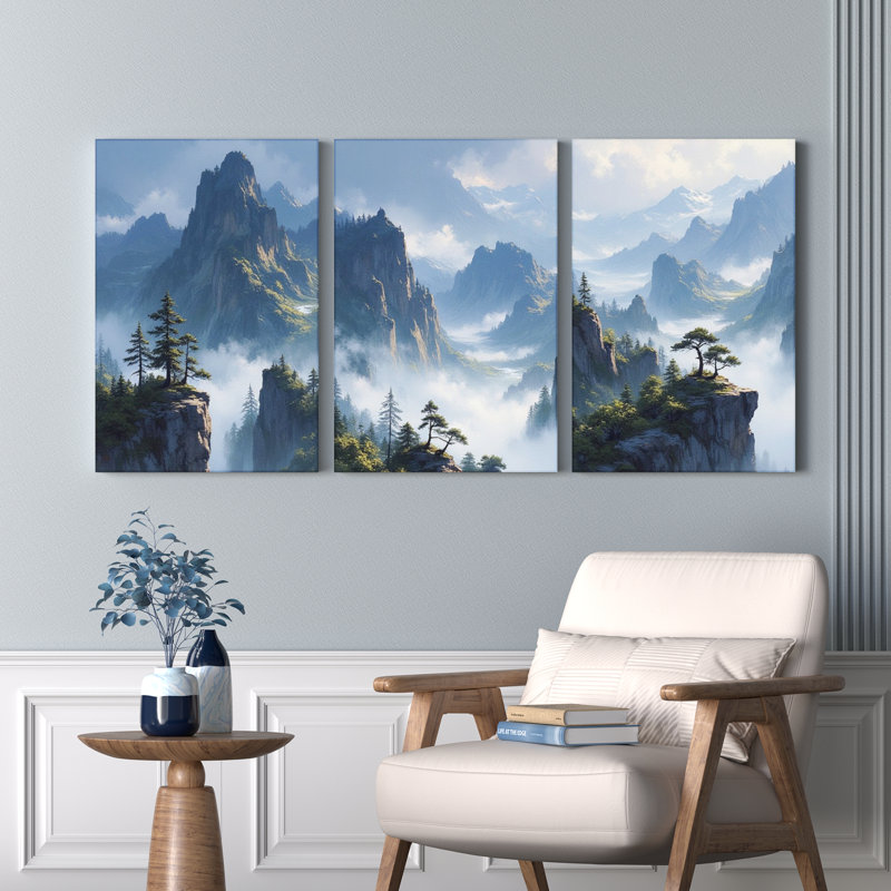Tableau sur toile tendue représentant un paysage de montagne brumeux (ensemble de 3), H 18 po x l 36 po