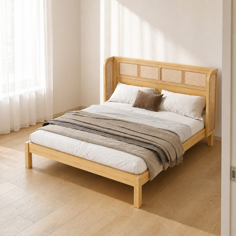 Queen Size Bamboo Wood Platform Bed Frame with Curved Semi-Circular Rattan Woven Headboard, Smooth Round Edge Low Profile Bed, Sturdy Slat Support