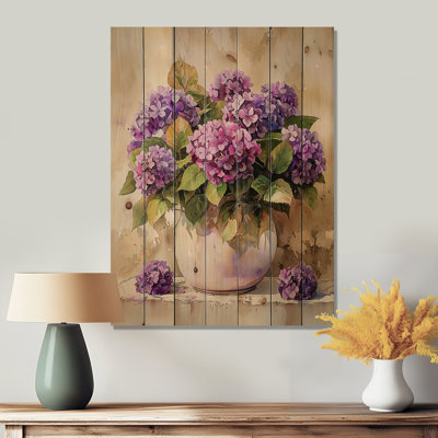 Hydrangeas In A Vintage Vase - Hydrangea Wood Wall Art - On Natural Pine Wood