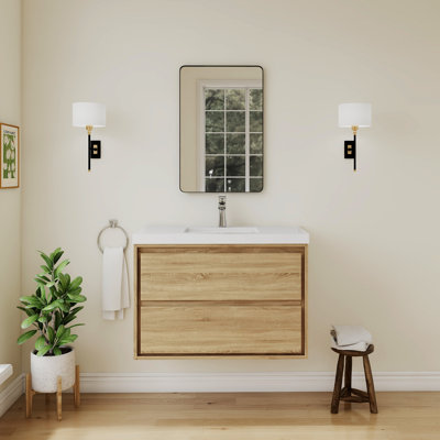 Frost 36 po X 20 po Meuble-lavabo flottant à simple cuve en grain de bois avec plateau en marbre de culture blanc et lavabo