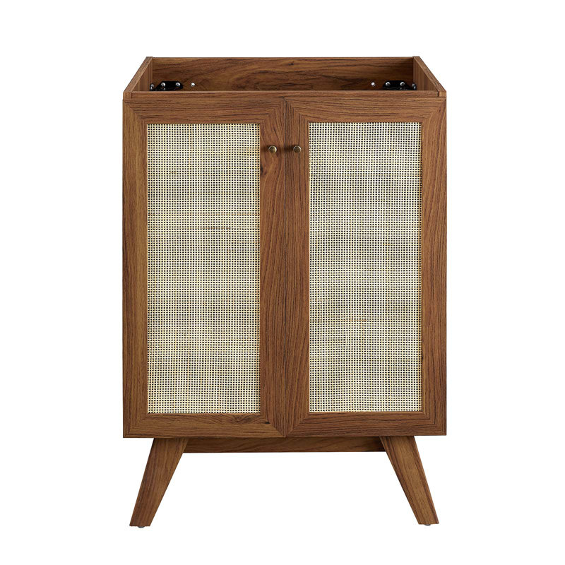 Walnut Freestanding Bathroom Vanity Cabinet with Rattan Weave Doors