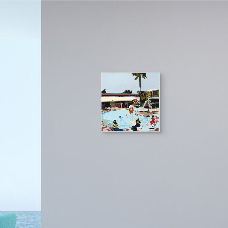 Les gens se prélassent au bord de la piscine, paysage tropical, H 12 po x l 12 po x P 0,5 po, Bois naturel