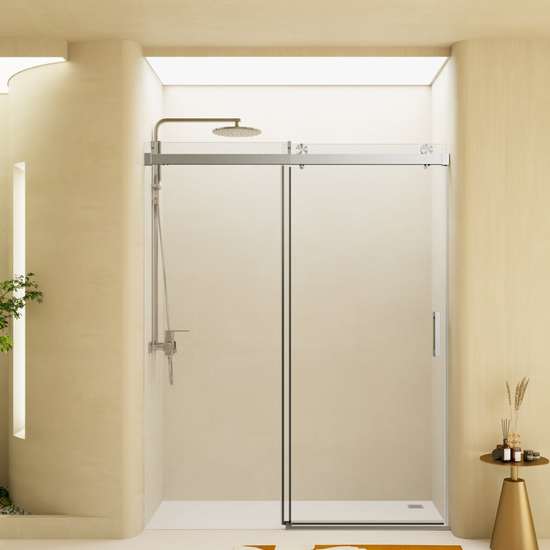 Porte de douche coulissante simple sans cadre de 56 à 60 po x H 76 po avec fermeture en douceur, verre trempé de 3/8 po (10 mm), installation réversible, conception imperméable, finition nickel brossé