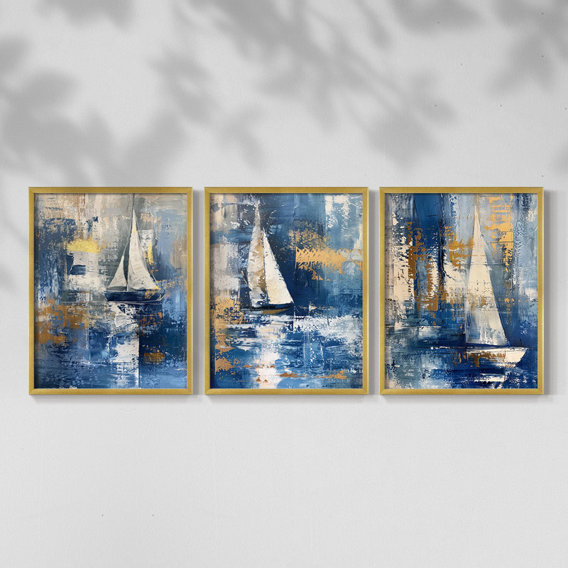 Série XXI Sea and Shore - Ensemble de 3 estampes numériques - Prêt à accrocher, Cadre doré, H 20 po x l 16 po