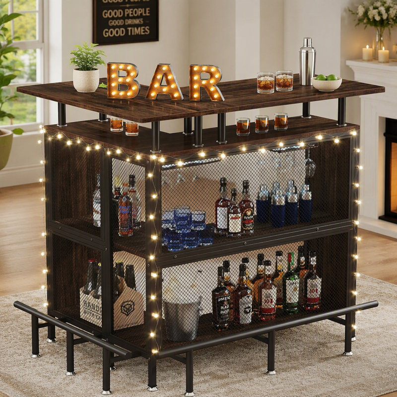 Table de bar en forme de L avec porte-verres et tablettes