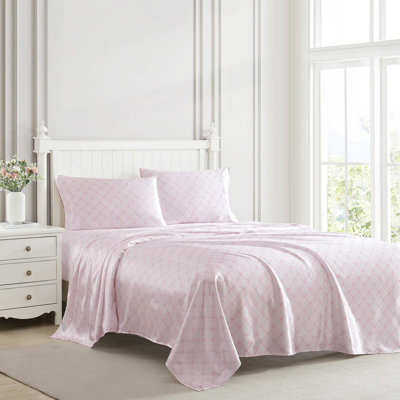 Laura Ashley Printed Satin Bow Ribbon Pink King Sheet Set