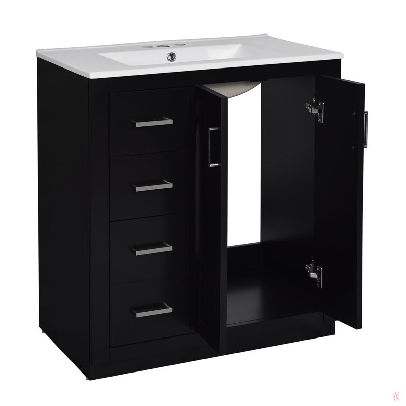Ensemble de meuble-lavabo 30 po avec lavabo en céramique, armoire de rangement en bois massif, ensemble de meuble-lavabo autoportant avec 3 tiroirs et portes à fermeture douce