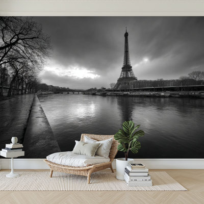 Peel and Stick Wallpaper 144" W x 100" H Modern Self Adhesive Wall Mural for Bedroom Paris Eiffel Tower Cityscape Black White River Landscape