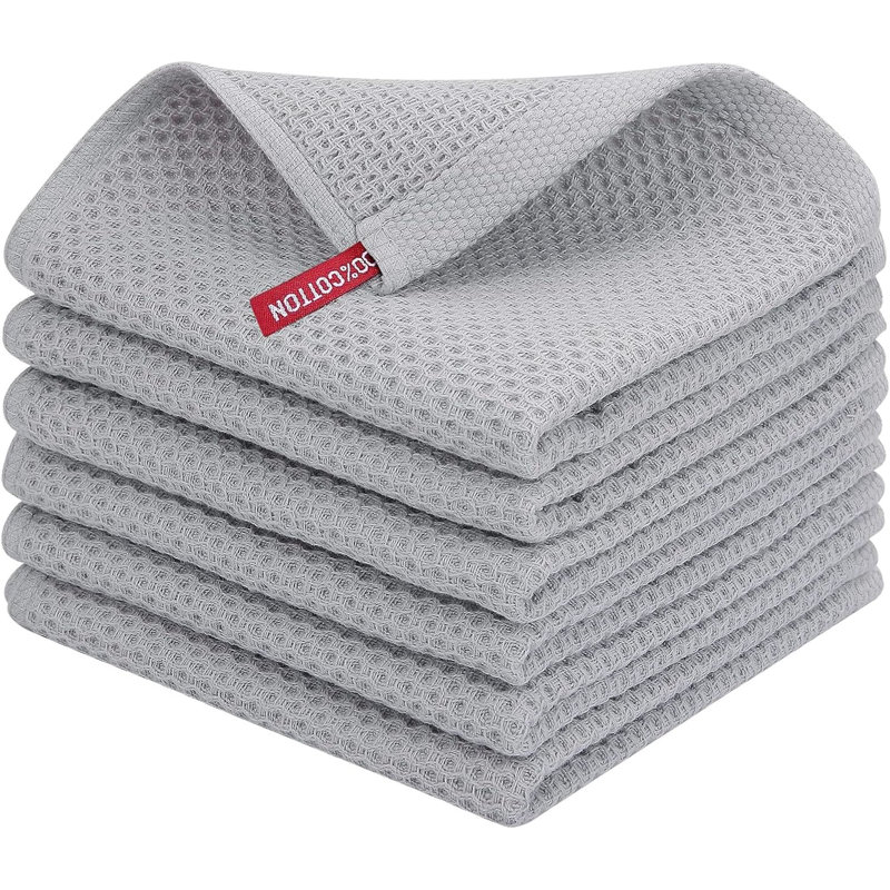 100% Cotton Waffle Weave Kitchen Dish Cloths, Ultra Soft Absorbent Quick Drying Dish Towels, 6-Pack, Light Gray