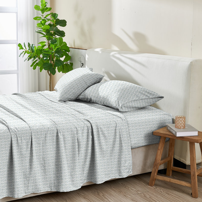 Queen White and Green Cotton Percale Floral Sheet Set