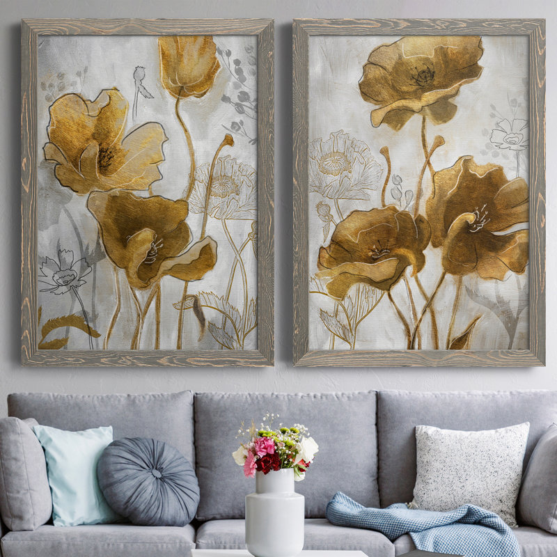 Or et argent Flowerfield I - ensemble de 2 peintures sur toile encadrées, H 31,5 po x l 47 po x P 1,5 po