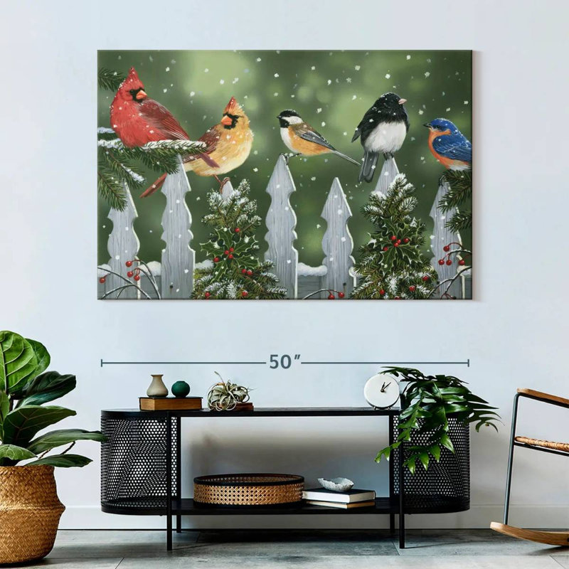 Oiseaux d'hiver sur une clôture enneigée, H 34 po x l 51 po