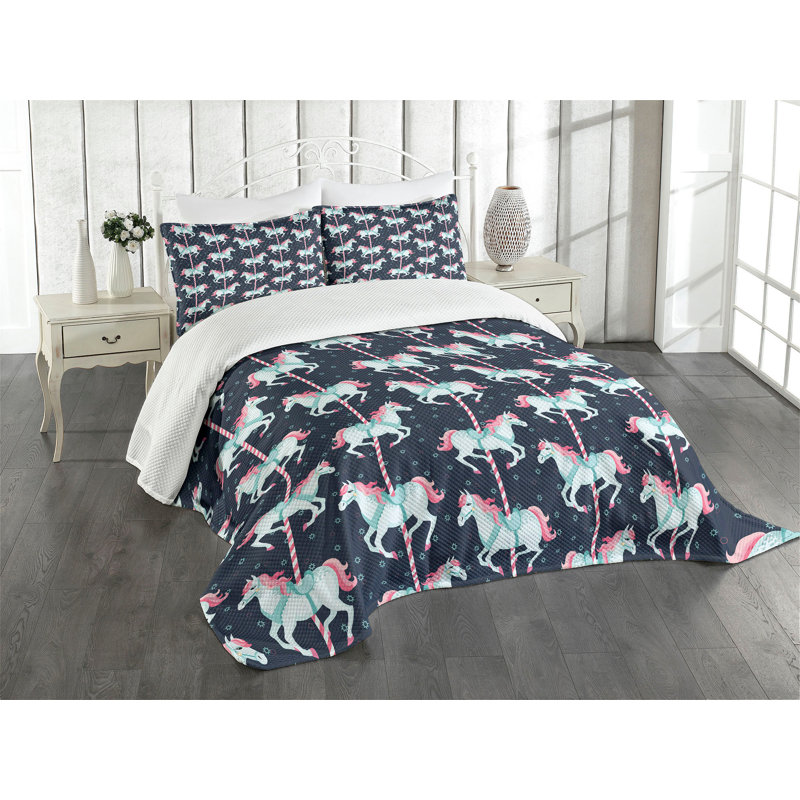 Queen Quilted Carousel Horse Bedspread Set in Pink and Blue