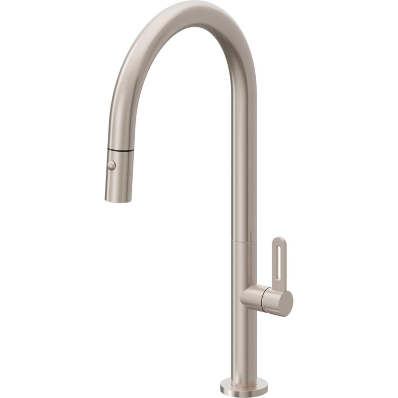 Pull-Down Kitchen Faucet With Button Sprayer - High Arc Spout, Satin Nickel, Black Short Stick