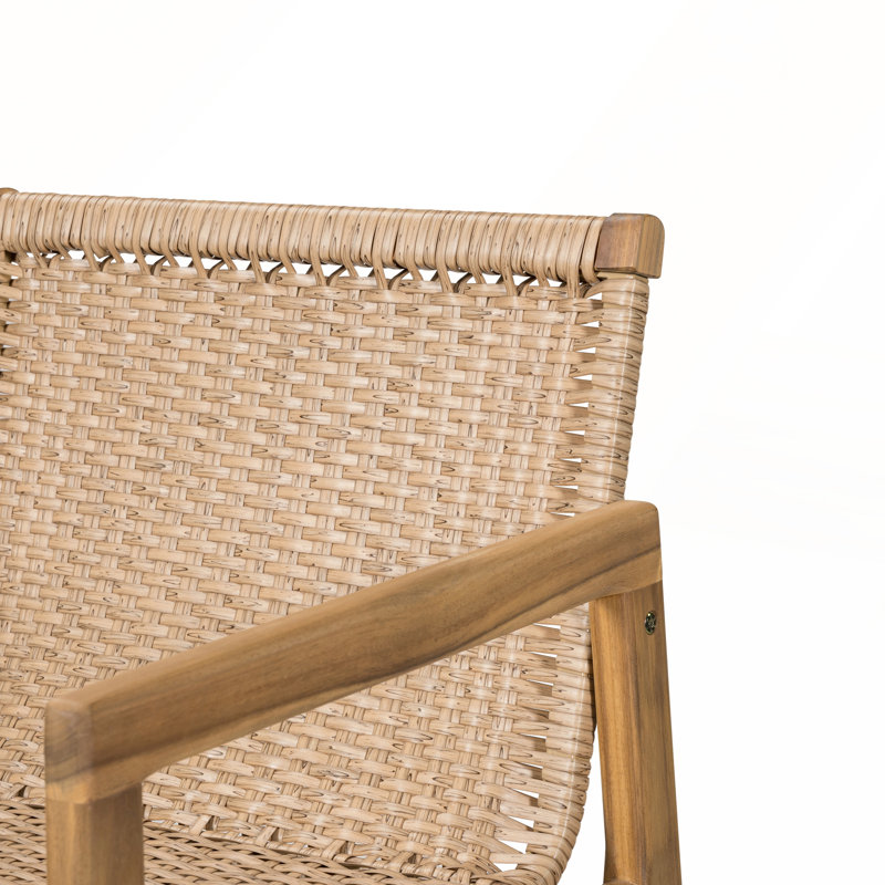 Teak Finished Wood Outdoor Barstool with Beige Cushion Set of 2