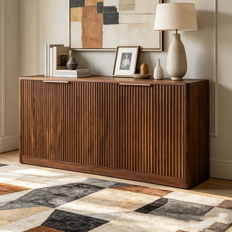 Armoire de rangement ondulée à 4 portes, H 27,7 po x l 59 po x P 15,7 po, Noyer