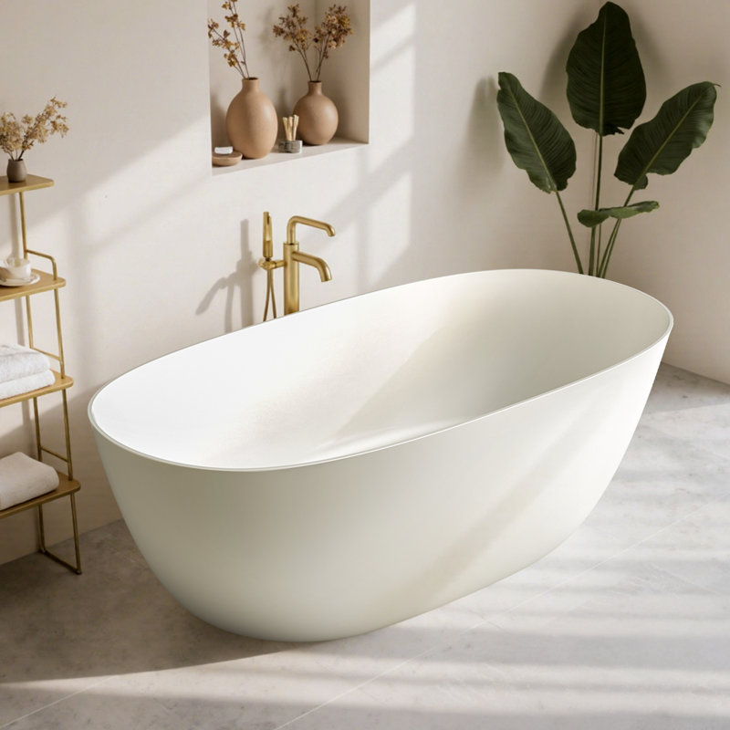 StonePure 61"×30" Freestanding Solid Surface Stone Bathtub, Deep Soaking Tub With Overflow, Pop-up Drain, Matt White