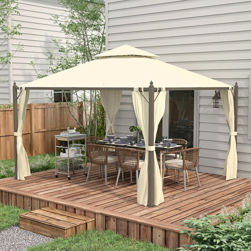 Steel Outdoor Patio Gazebo With Polyester Privacy Curtains, Two-Tier Roof For Air, & Large Design