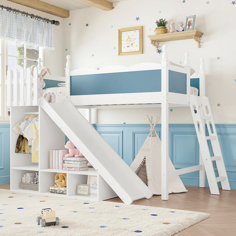 Twin Loft Bed with Storage Shelves and Wardrobe, Solid Wood Loft Beds with Detachable Slide and Ladders, No Spring Box Needed, Blue and White.(Patent Protection)